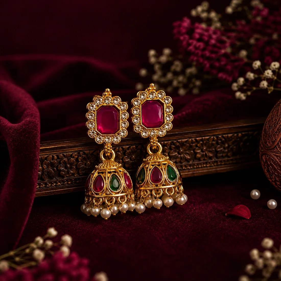 Ruby Jhumka with Pearl Drops